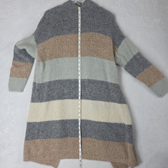 Entro Open Front Long Sweater Cardigan Women's L Beige Gray Striped - Picture 6 of 12